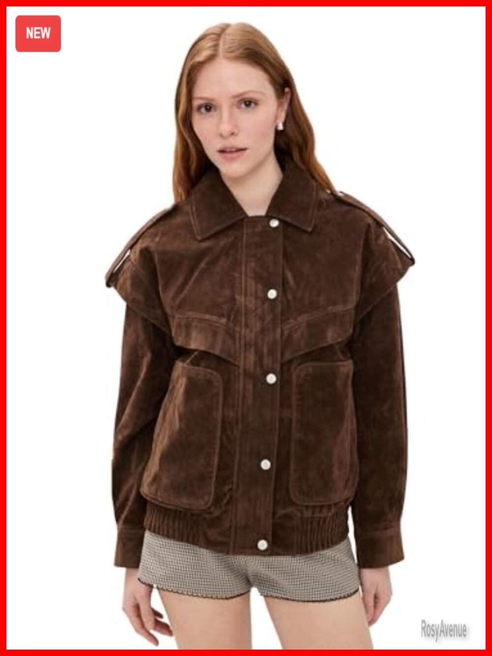 Faux Suede Collared Bomber Jacket Patch Pockets Long Sleeve